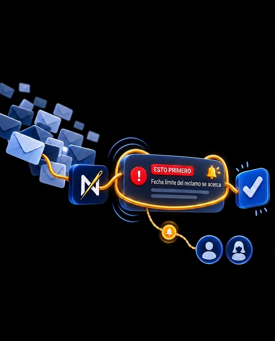 Un hilo dorado une una serie de correos entrantes, pasando por una alerta prioritaria, hasta una marca de completado, con dos personas notificadas debajo.